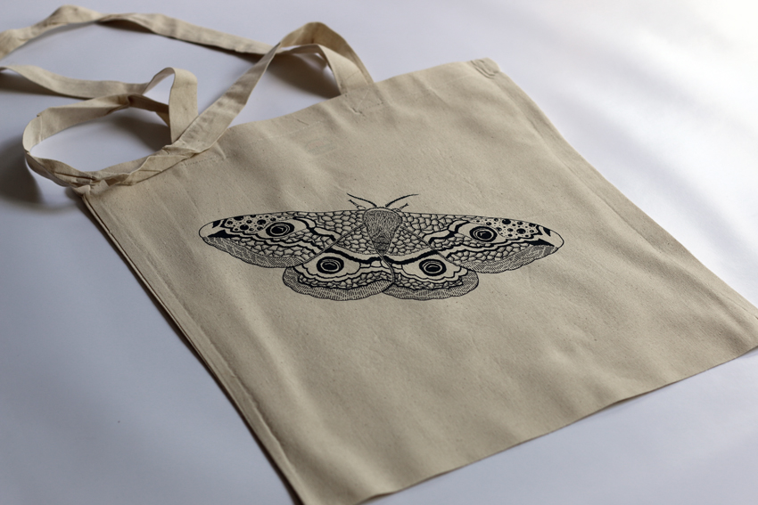 Natural tote bag with blue-grey Moth (TB006)